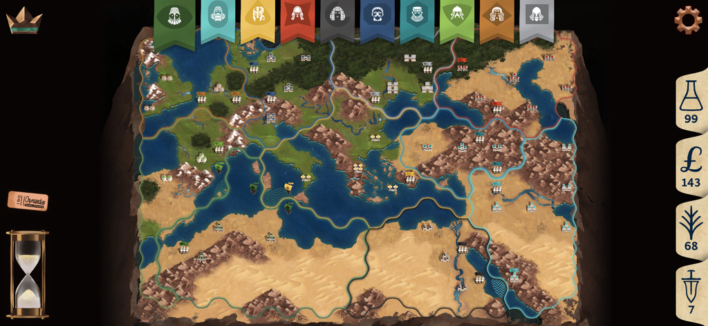 Ozymandias - A hand painted map of the Bronze Age showing various territories and resource icons in Ozymandias