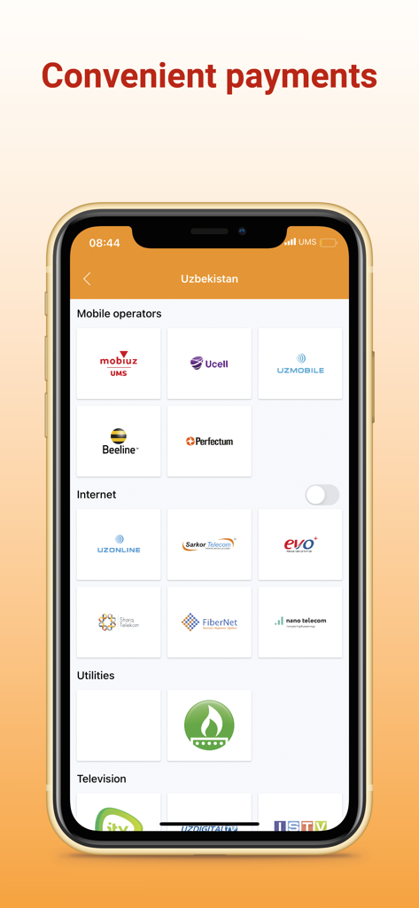 Bozoraka - Bozoraka 앱 화면에 우즈베키스탄 모바일 사업자 및 인터넷 제공업체를 위한 다양한 결제 옵션이 표시됨