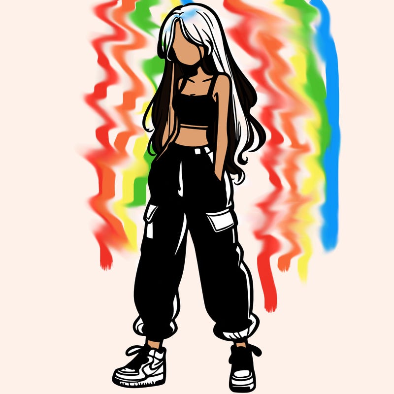 girl in baggy pants crop top and long hair