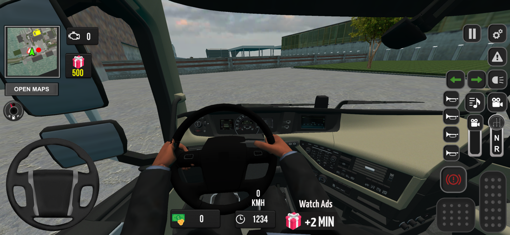 First person cockpit view of a truck with a detailed dashboard and steering wheel