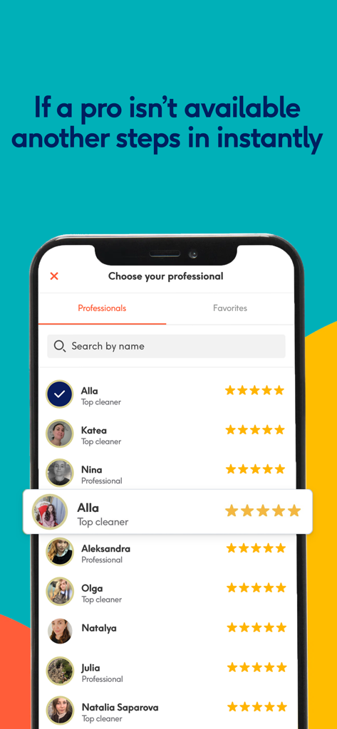 GetCleaner - Home Services - Screenshot der GetCleaner-App, die eine Liste von bewerteten Haushaltsdienstleistern zur Auswahl zeigt.