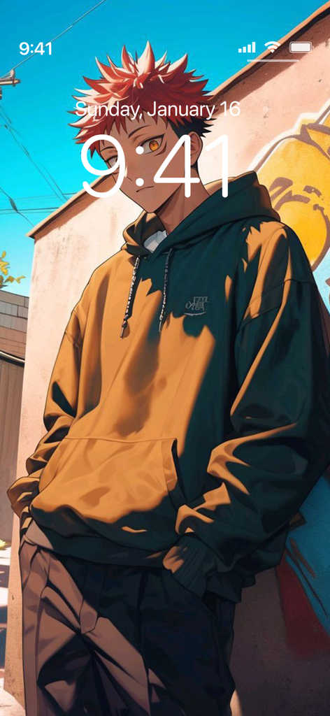 Anime character with red hair wearing a yellow hoodie on an iPhone lock screen