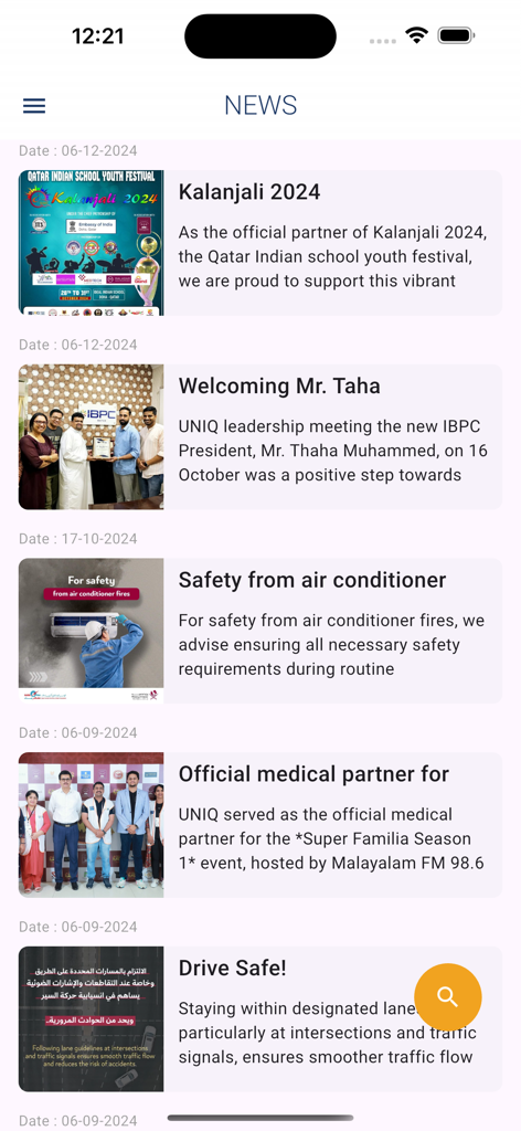 News feed section of the UNIQ Qatar mobile app showing community updates and safety tips for nurses