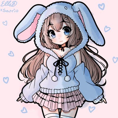 pretty anime girl wearing a fluffy hoodie with bunny ears on the hood and a skirt