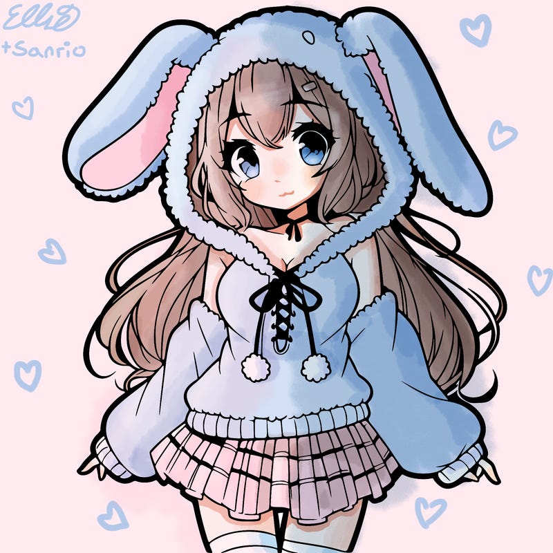pretty anime girl wearing a fluffy hoodie with bunny ears on the hood and a skirt