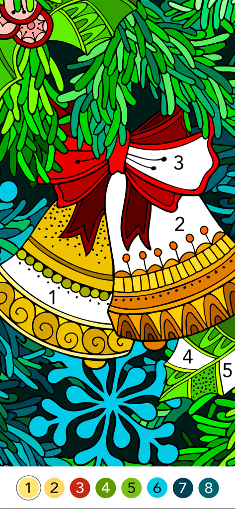 Illustrazione di campane natalizie con fiocco rosso e rami di pino in un'interfaccia di app a colori per numero