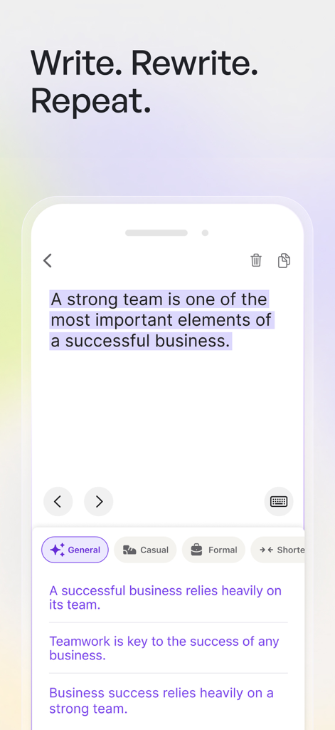 Wordtune: AI Writing Keyboard - La interfaz de la aplicación Wordtune muestra sugerencias de reescritura de oraciones con IA y opciones de tono