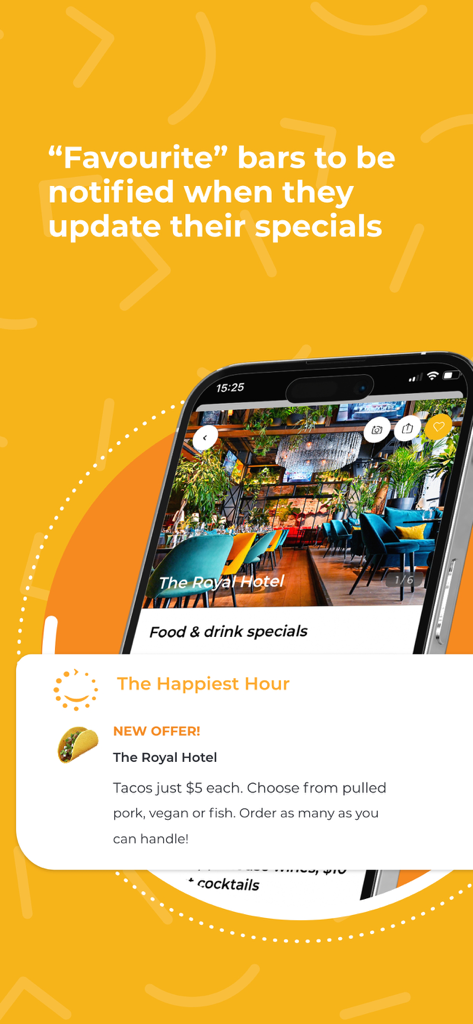 The Happiest Hour - A smartphone showing a push notification from The Happiest Hour app for a five dollar taco special at a local bar.