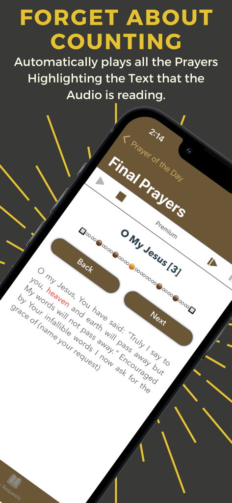 Padre Pioアプリのインターフェイス。オーディオ同期とテキストハイライトを備えた祈りが表示されます。