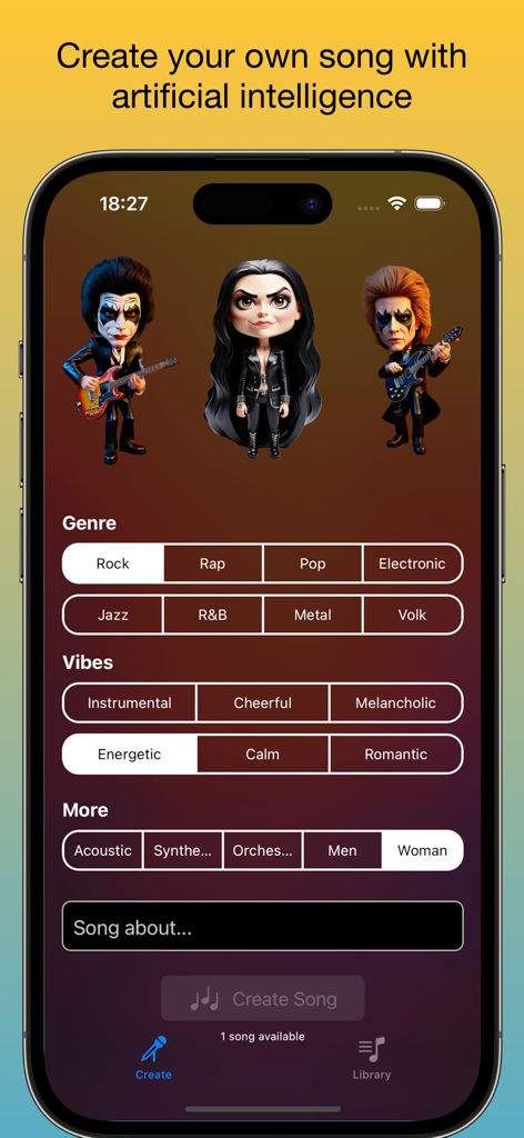 Pantalla móvil de la aplicación djAI para la creación de música que presenta selección de género y avatares de personajes