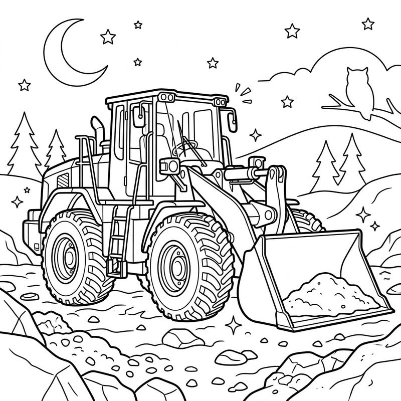 Discover the might of a wheel loader at work under a mesmerizing night sky, complete with a crescent moon and twinkling stars. This unique coloring page offers a captivating blend of heavy machinery and nocturnal wonder for an engaging artistic experience.