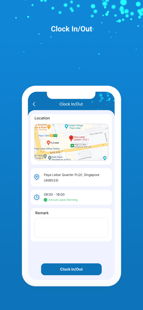 Cadena HRM - Cadena HRM mobile app interface showing the GPS-based clock in and out attendance feature with location map.