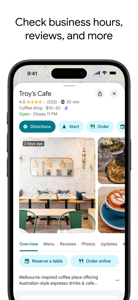 Google Maps Branchenprofilbildschirm zeigt Café-Fotos und Betriebszeiten