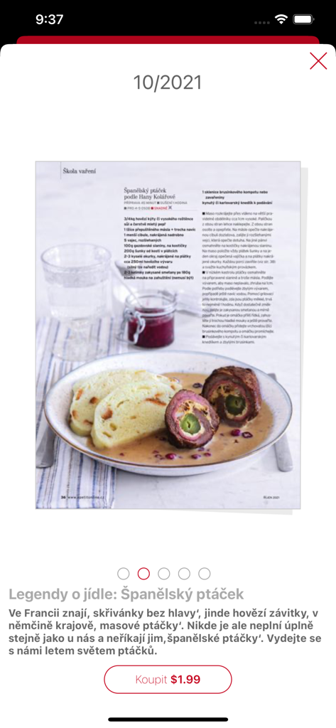 Digitale Magazinseite mit einem Rezept für spanische Vogelröllchen mit Klößen in der Apetit-App.