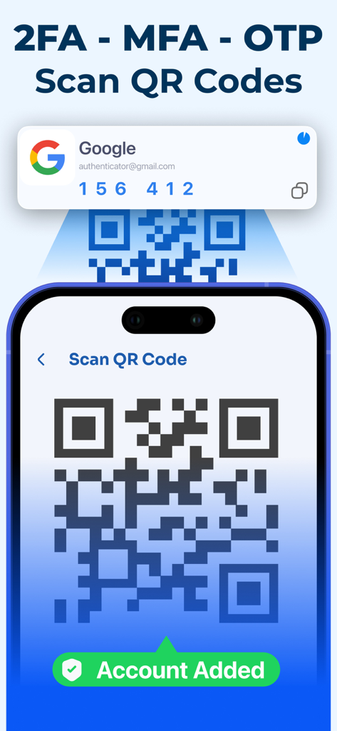 Interface de um smartphone escaneando um QR code para adicionar rapidamente uma conta segura de autenticação de dois fatores