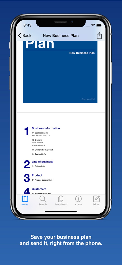 Eine mobile Oberfläche der Businessplan-App für Startups, die eine strukturierte Businessplan-Vorlage anzeigt.