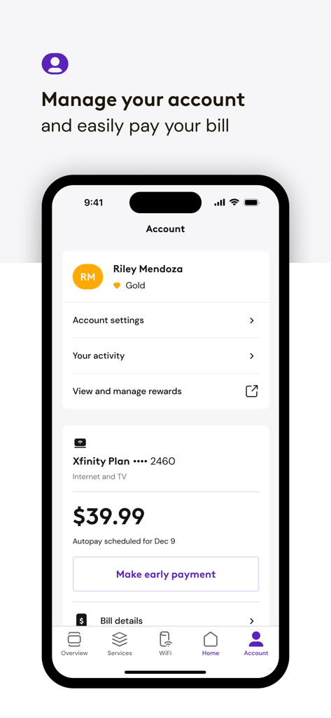 Benutzeroberfläche der Xfinity-App mit Kontoeinstellungen, monatlichem Rechnungsbetrag und Optionen für vorzeitige Zahlungen