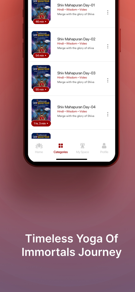 Shiv Yog app interface showing a list of Yoga of Immortals wisdom videos
