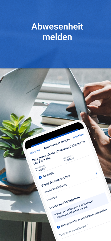 Smartphone screen displaying the absence reporting and school lunch cancellation form in the Stay Informed app