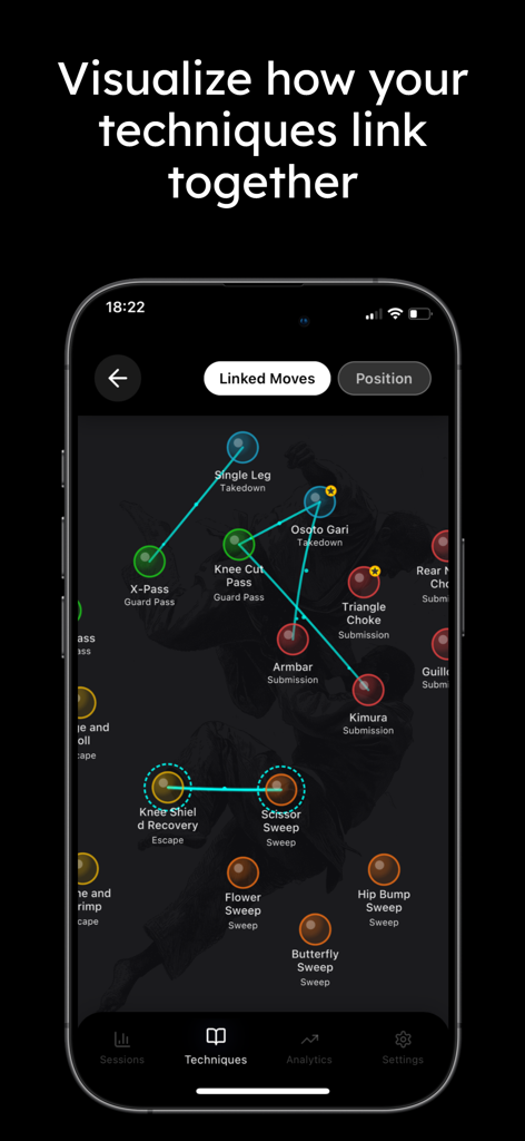 FlowRoll - BJJ Training Pal - A visual map in the FlowRoll app showing how different BJJ techniques like takedowns and submissions link together.
