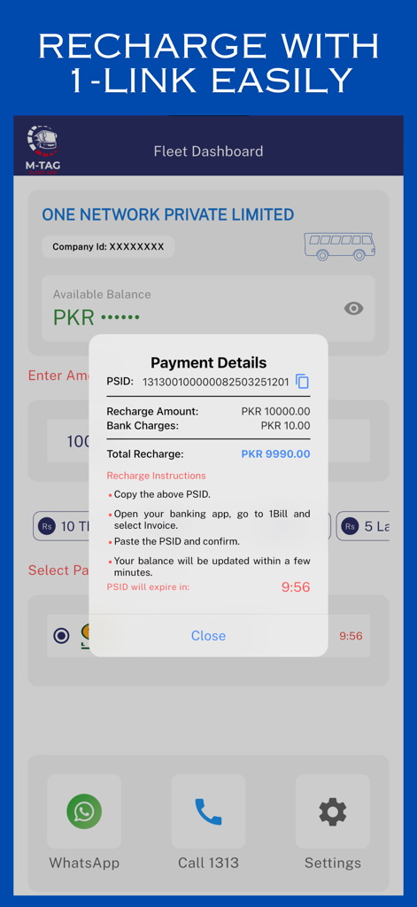 M-TAG Fleet - M-TAG Fleet app dashboard displaying a payment details modal for account recharge via 1-Link
