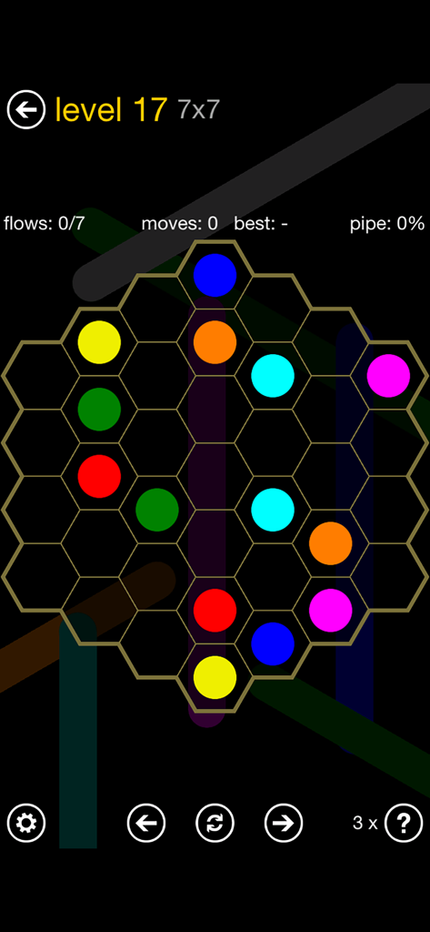 Flow Free: Hexes - Flow Free Hexes puzzle game level seventeen featuring a seven by seven hexagonal grid with colorful dots.