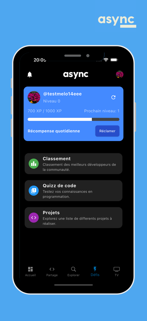 Async - Async app interface showing profile level, daily rewards, coding quizzes, and project ideas