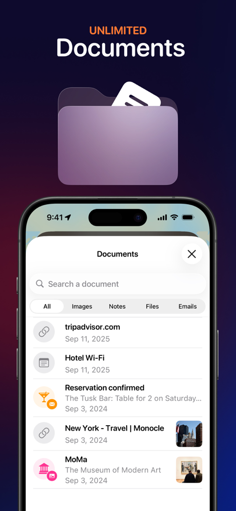 Tripsy app interface displaying unlimited documents and travel organization tools