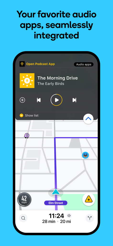 Smartphone screen showing Waze navigation with an integrated podcast player and live traffic map