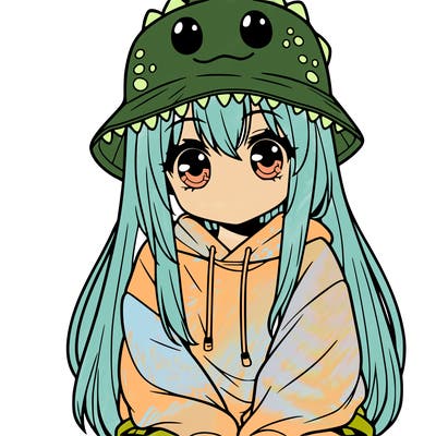 girl with anime shaped eyes with a dinosaur bucket hat oversized sweatshirt long straight hair