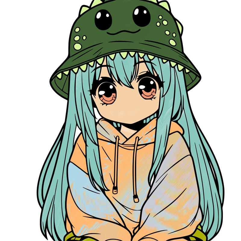 girl with anime shaped eyes with a dinosaur bucket hat oversized sweatshirt long straight hair