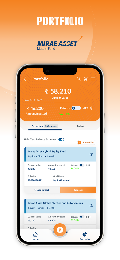 Mirae Asset Mutual Fund - A screenshot of the Mirae Asset Mutual Fund app portfolio screen showing investment value, returns, and goal tagging for retirement.