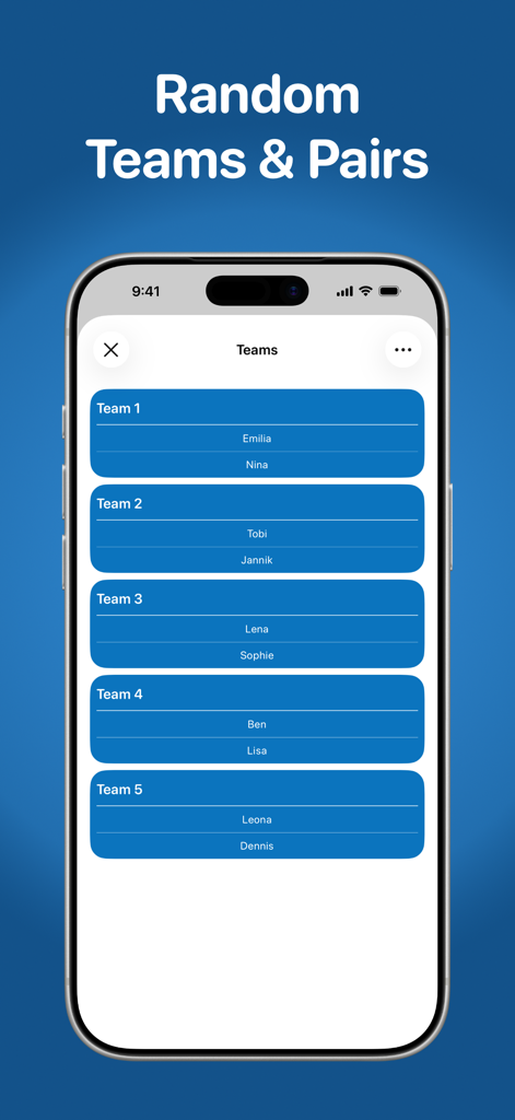 Mobile app screen showing a list of five randomly generated teams with names assigned to each pair.