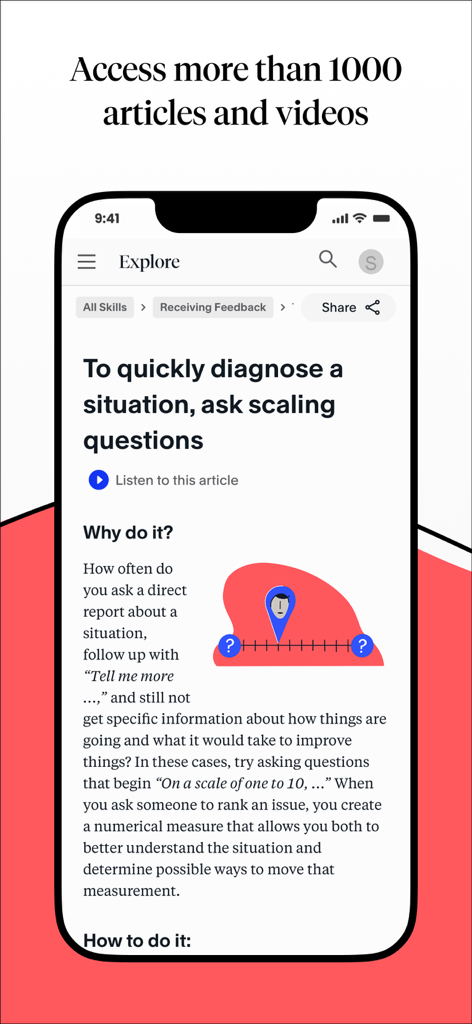 FranklinCovey Impact Platform - La aplicación Plataforma de Impacto FranklinCovey mostrando un artículo de desarrollo profesional sobre habilidades de liderazgo y preguntas de escalamiento