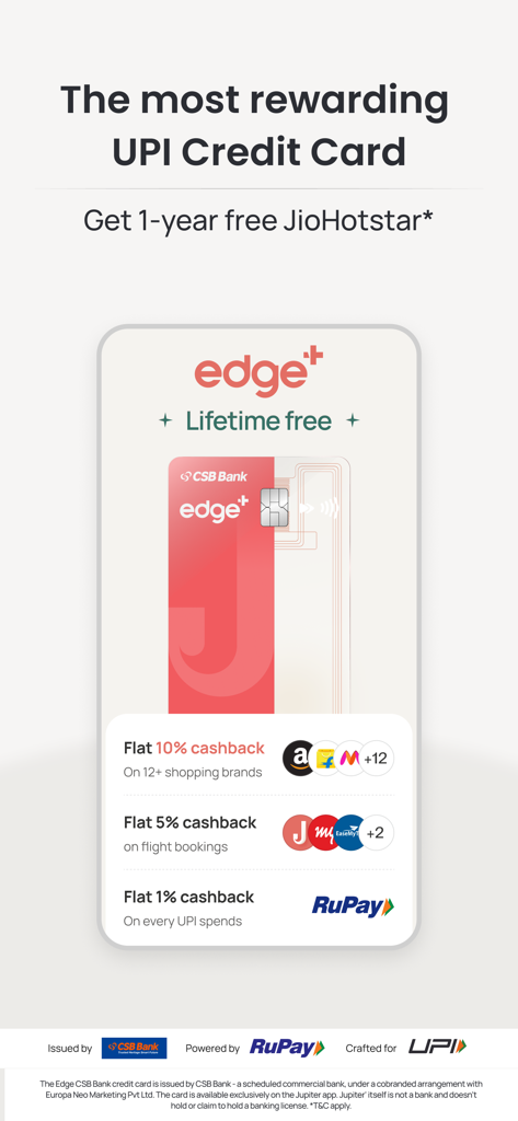 Jupiter: Cards, UPI, Banking - Jupiter EdgeプラスRuPayクレジットカードの広告。ショッピングや旅行のキャッシュバック特典が特徴です。
