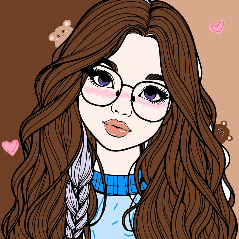 girl with long hair and freckles and glasses realistic