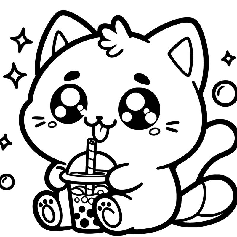 kawaii cute cat drinking boba