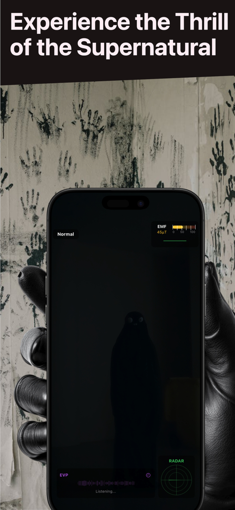 Ghost Detector Real Life Radar - A smartphone screen displaying a ghost detector app with an EMF meter and radar against a spooky background