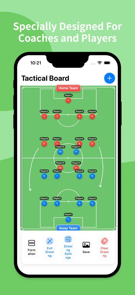 Quadro tático digital de futebol mostrando posições de jogadores e setas de movimento para treinadores