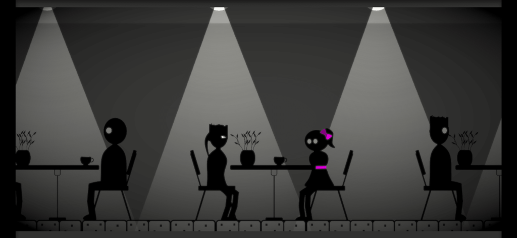 Virago: Herstory 2 - Silhouette characters sitting at cafe tables under spotlights