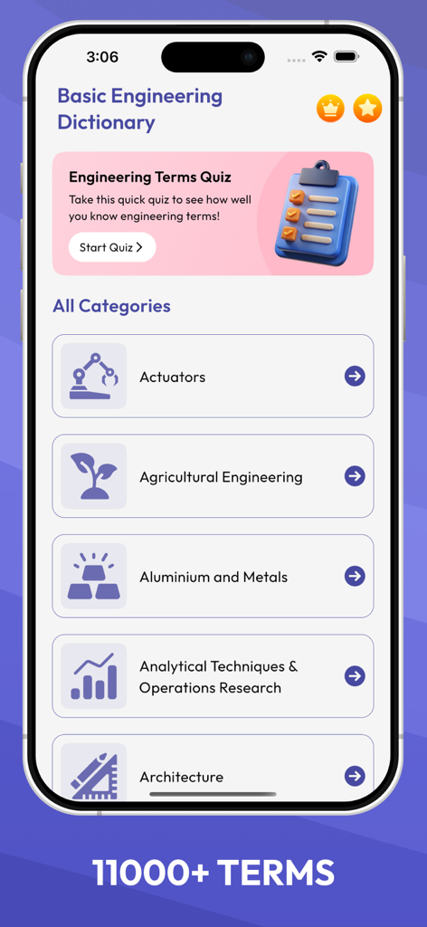 Basic Engineering Dictionary - Home screen of the Basic Engineering Dictionary app showing various categories such as Actuators and Agricultural Engineering along with a quiz banner.