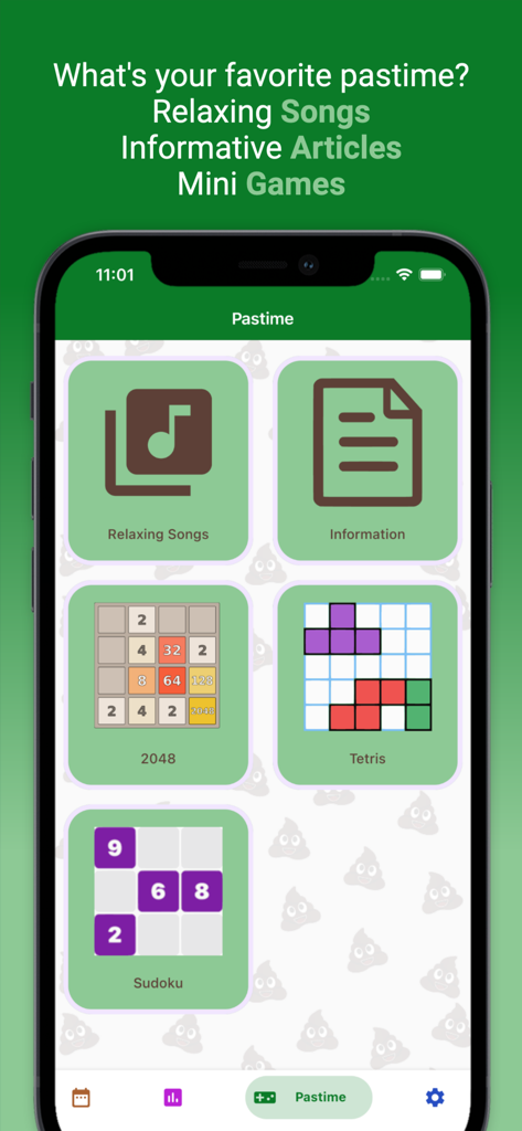 Happy Poop: Toilet Journal Log - Happy Poop app pastime screen showing mini games relaxing music and informative articles