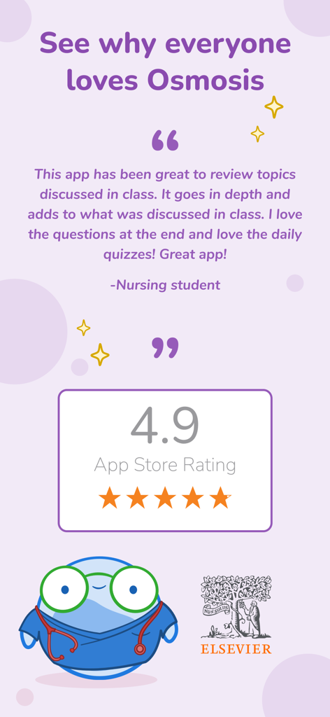 Positive nursing student testimonial for Osmosis with a 4.9 App Store rating and Elsevier logo