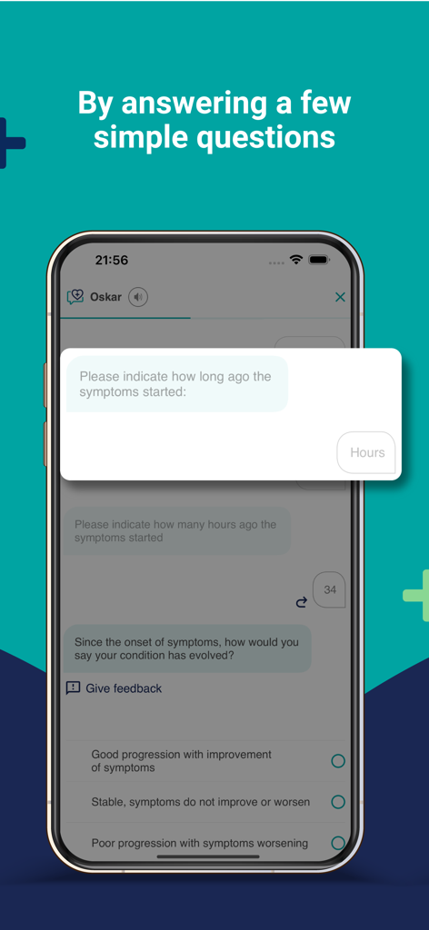mymediktor - Symptom Checker - Mymediktor app interface showing a chat with questions about medical symptoms