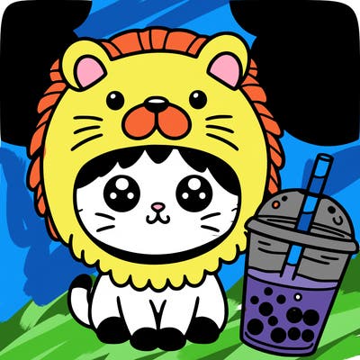 cat in lion hat and boba