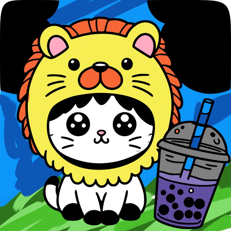cat in lion hat and boba