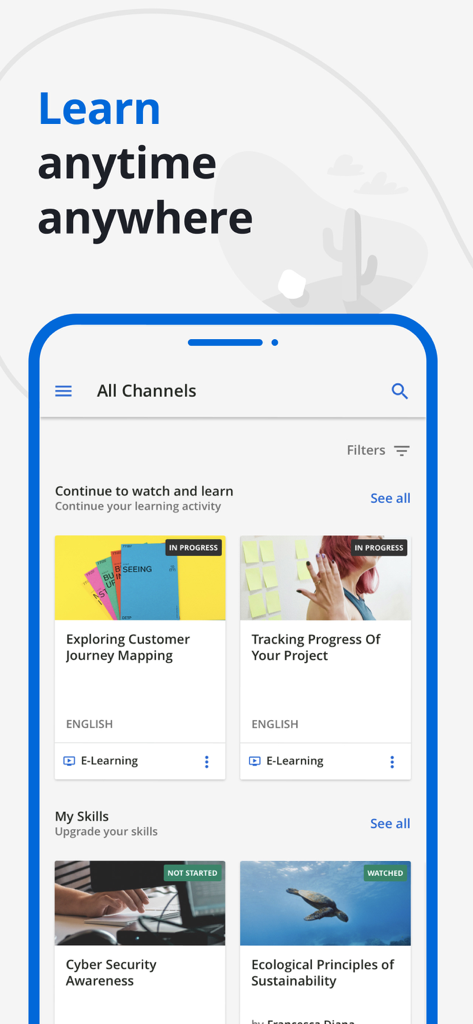 Go.Learn app screen showing professional development courses and learning progress tracking