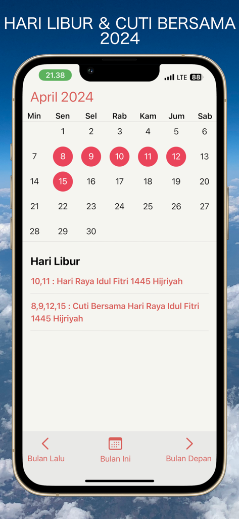 Kalender Indonesia 2026 - A mobile interface of the Indonesian calendar app showing highlighted holiday dates for April 2024 including Idul Fitri and collective leave days