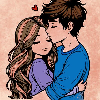 a realistic couple boy and girl hugging and kissing