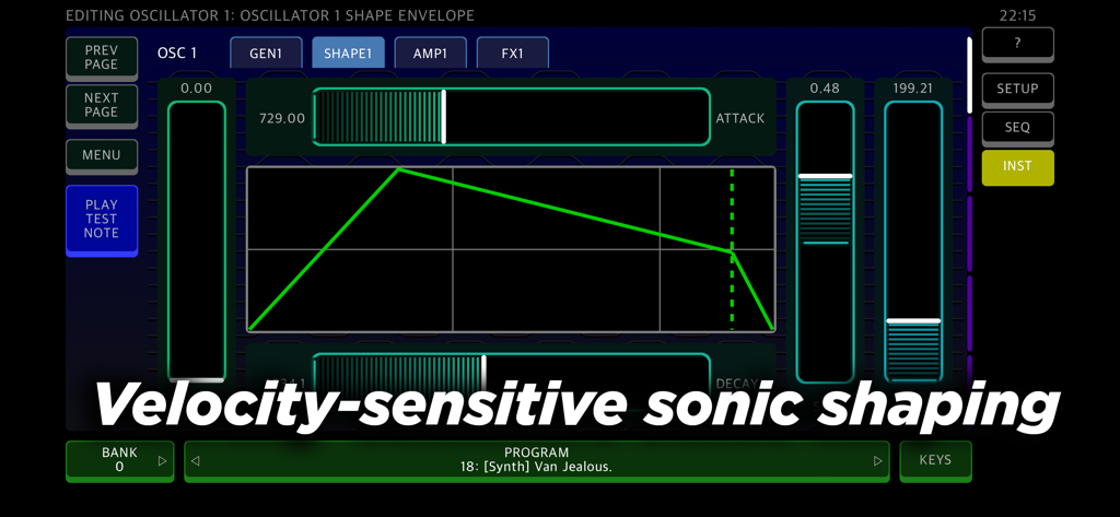 ANILOG - The interface of the ANILOG synthesizer app showing velocity sensitive sonic shaping controls and a sound envelope graph